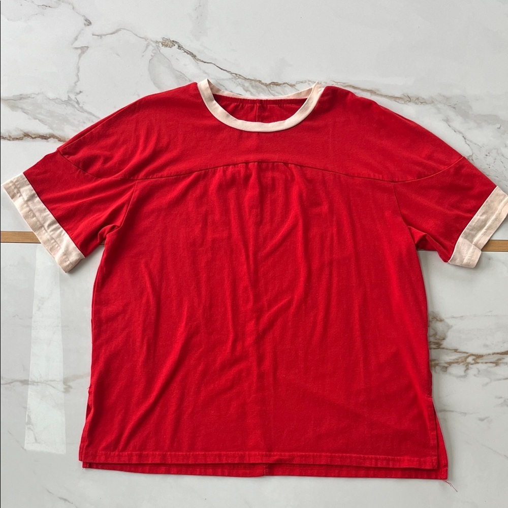 Red and Cream Short Sleeve Top